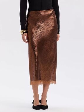 a new day Women's Metallic Bronze Lace-Hem Slip Midi Skirt Size L